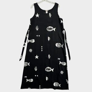 Vintage Connie Choi Maxi Dress Womens Large Black Sleeveless Fish Beach Resort